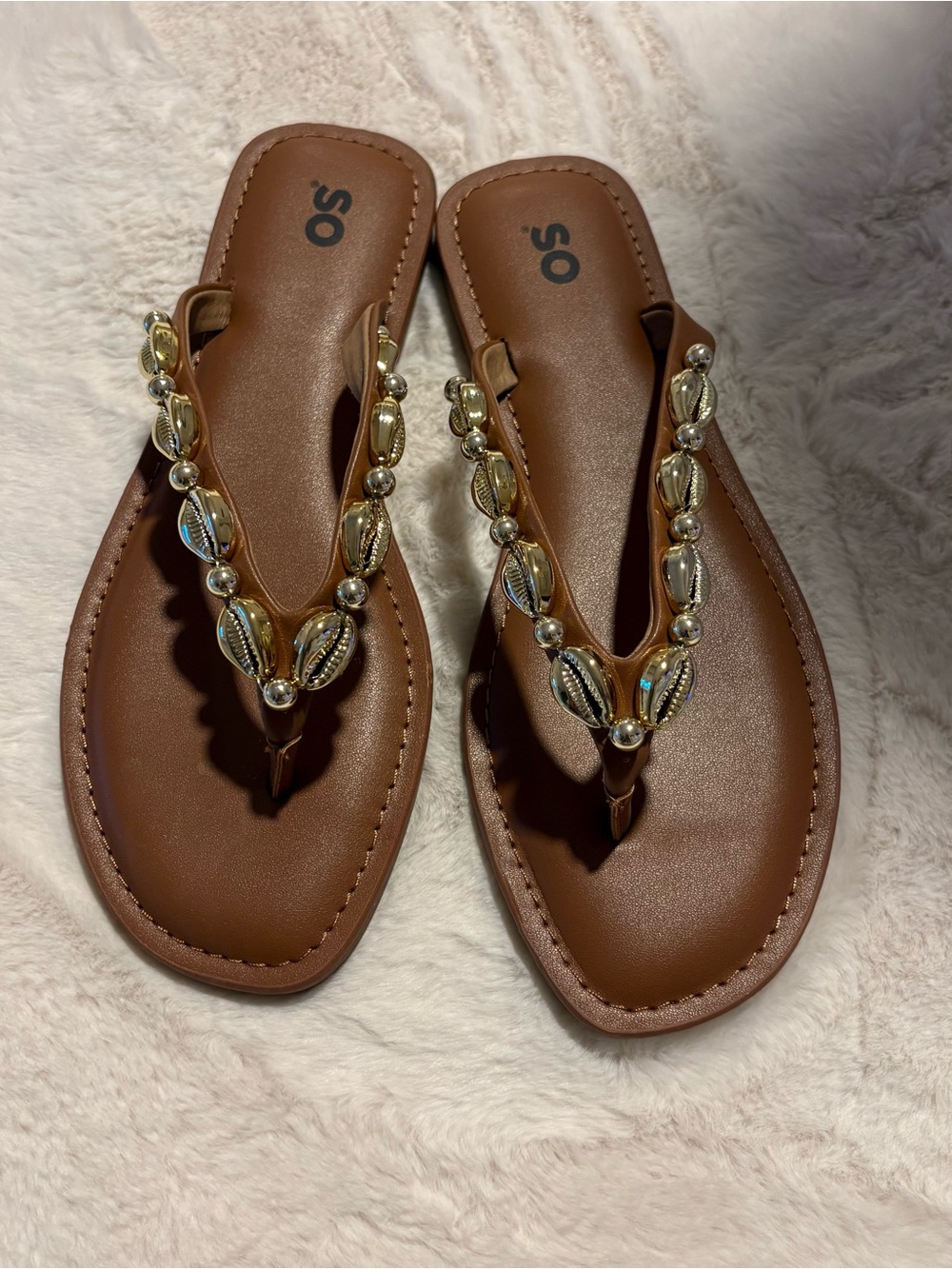 SO Brown Flip Flop Sandals with Gold & Silver Bead Accents